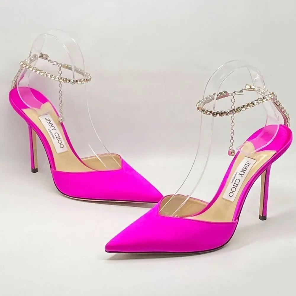 Jimmy Choo Saeda 100mm Satin Crystal Ankle-Strap Pumps size 39